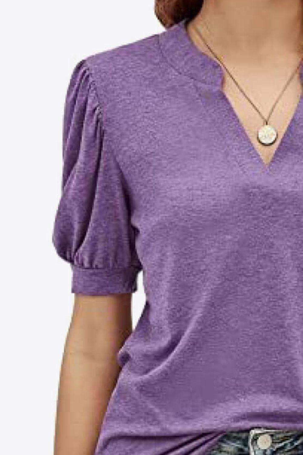 Notched Neck Puff Sleeve Tee - Trendsi - Flyclothing LLC