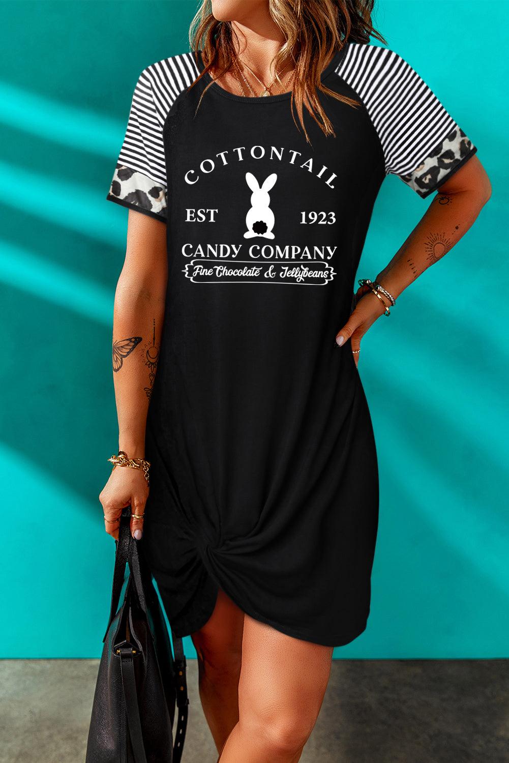 Easter Letter Graphic Mixed Print Twisted T-Shirt Dress - Flyclothing LLC