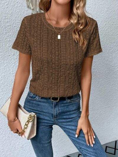 Eyelet Round Neck Short Sleeve T-Shirt - Trendsi - Flyclothing LLC
