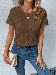 Eyelet Round Neck Short Sleeve T-Shirt - Trendsi
