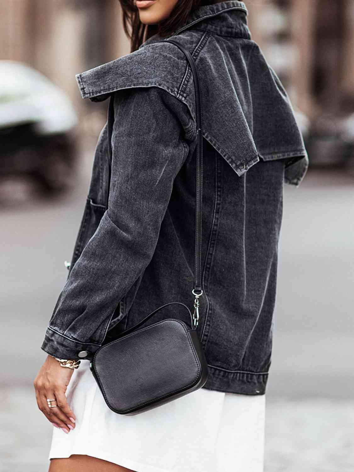 Collared Neck Button Down Denim Jacket - Trendsi