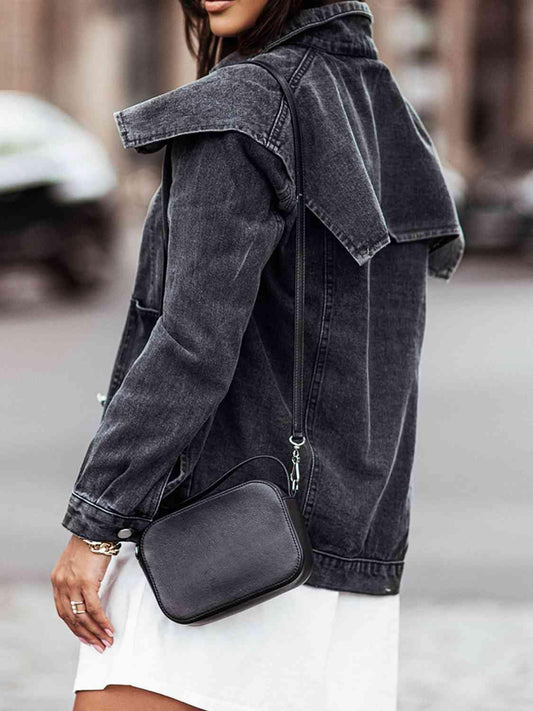 Collared Neck Button Down Denim Jacket - Trendsi