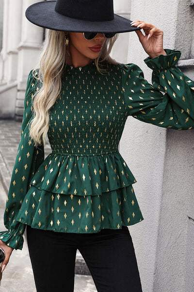 Smocked Flounce Sleeve Layered Blouse - Trendsi - Flyclothing LLC