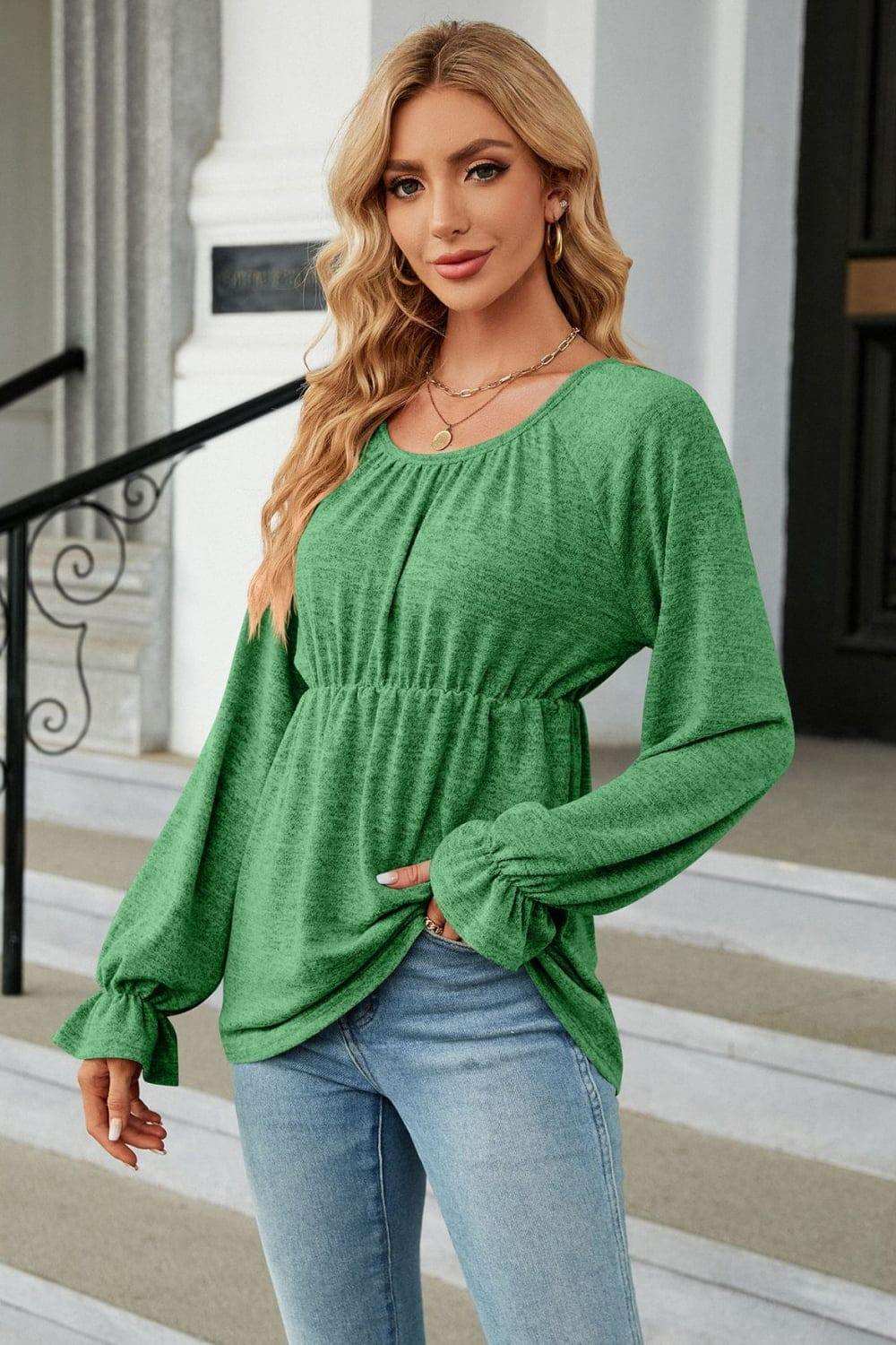 Round Neck Flounce Sleeve Blouse - Trendsi - Flyclothing LLC