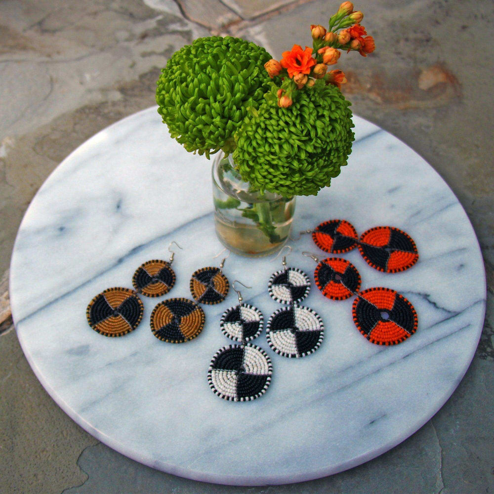 Maasai Bead Double Circle Dangle Earrings, White and Black - Jedando - Flyclothing LLC