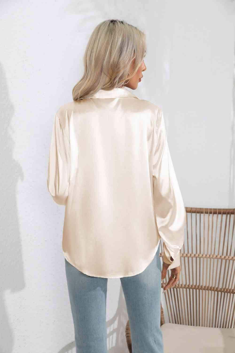 Lapel Collar Button Up Long Sleeve Shirt - Trendsi - Flyclothing LLC