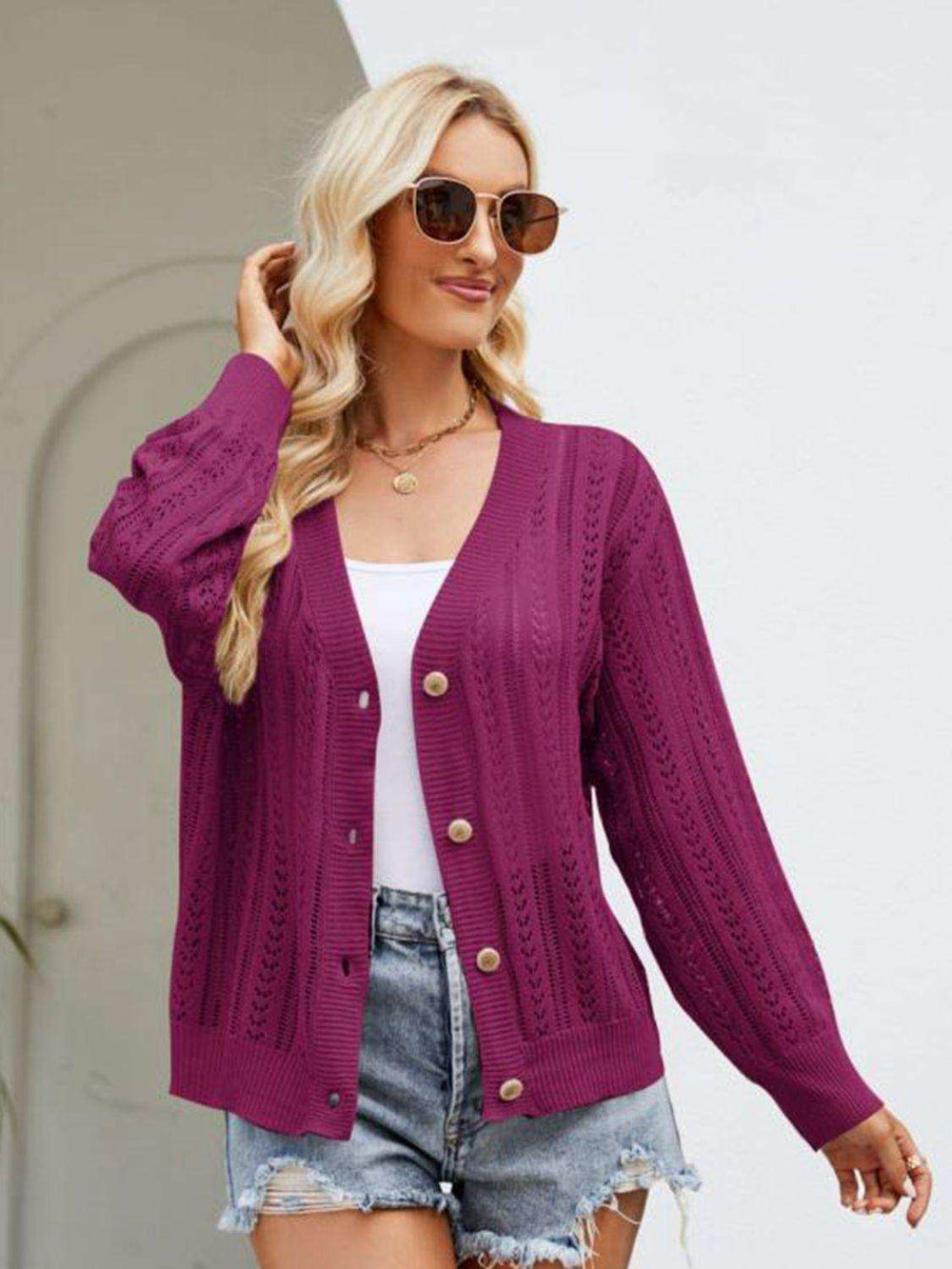 Button Down Ribbed Trim Cardigan - Trendsi - Flyclothing LLC