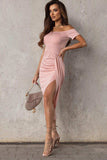 Off-Shoulder Short Sleeve Split Dress - Trendsi - Flyclothing LLC