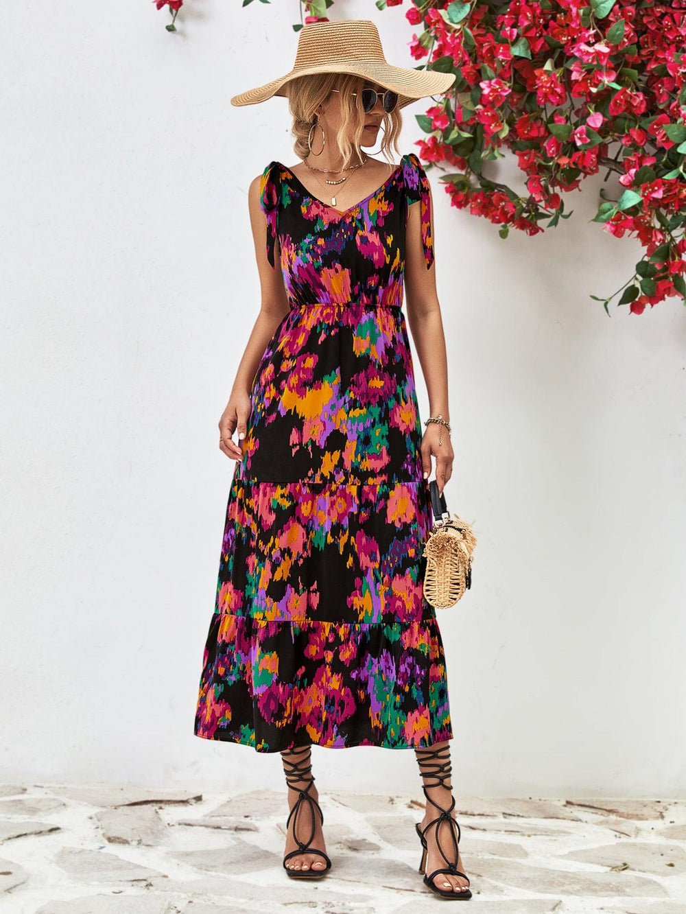 Multicolored V-Neck Backless Midi Dress - Trendsi