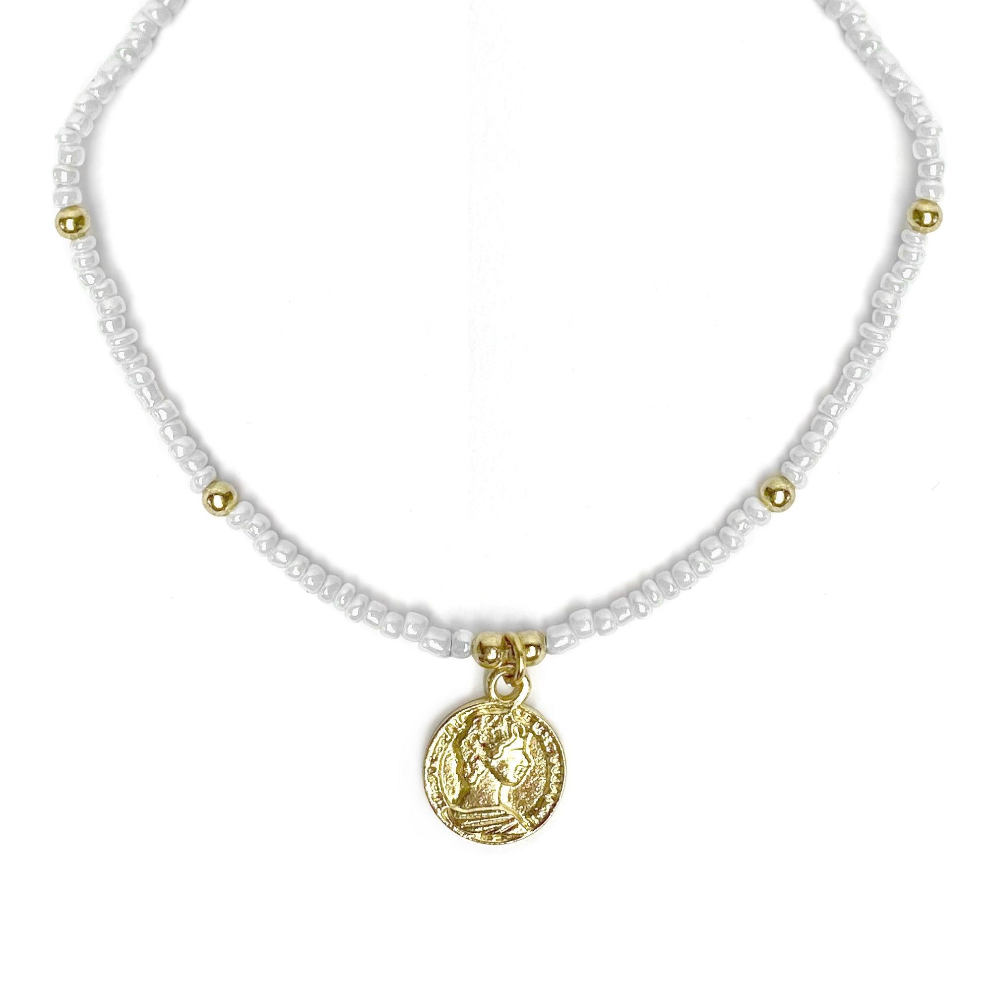 White Glass Bead Choker with Brass Coin Pendant - Flyclothing LLC