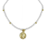 White Glass Bead Choker with Brass Coin Pendant - Asha Handicrafts - Flyclothing LLC
