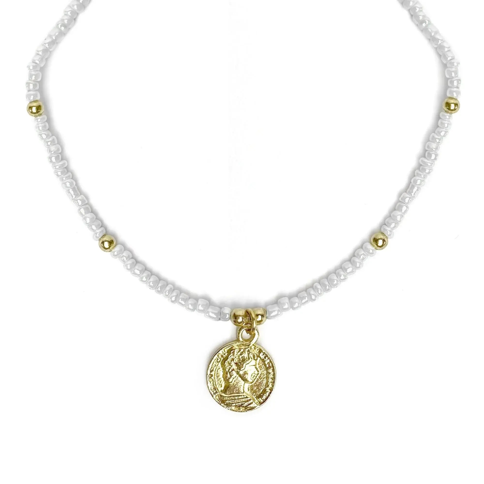 White Glass Bead Choker with Brass Coin Pendant - Asha Handicrafts - Flyclothing LLC