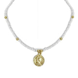 White Glass Bead Choker with Brass Coin Pendant - Asha Handicrafts