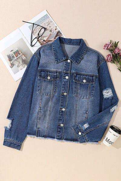 Plus Size Distressed Button Up Raw Hem Denim Jacket - Trendsi - Flyclothing LLC