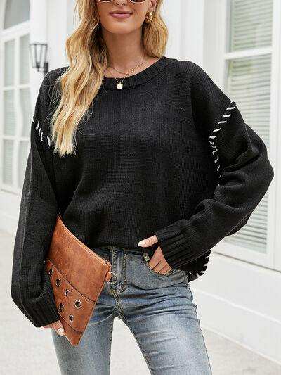 Contrast Round Neck Drop Shoulder Knit Top - Trendsi - Flyclothing LLC