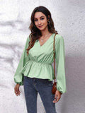 V-Neck Balloon Sleeve Peplum Blouse - Trendsi - Flyclothing LLC