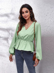 V-Neck Balloon Sleeve Peplum Blouse - Flyclothing LLC