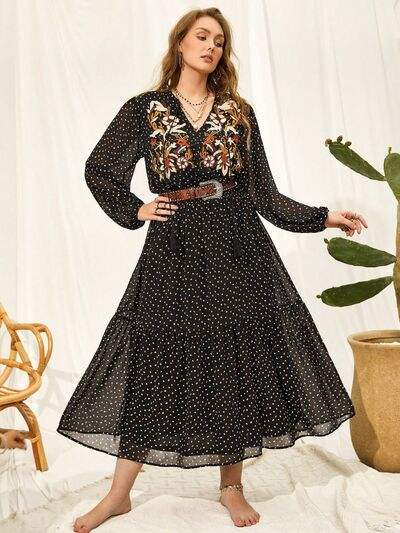 Plus Size Embroidered Tassel Balloon Sleeve Dress - Trendsi - Flyclothing LLC