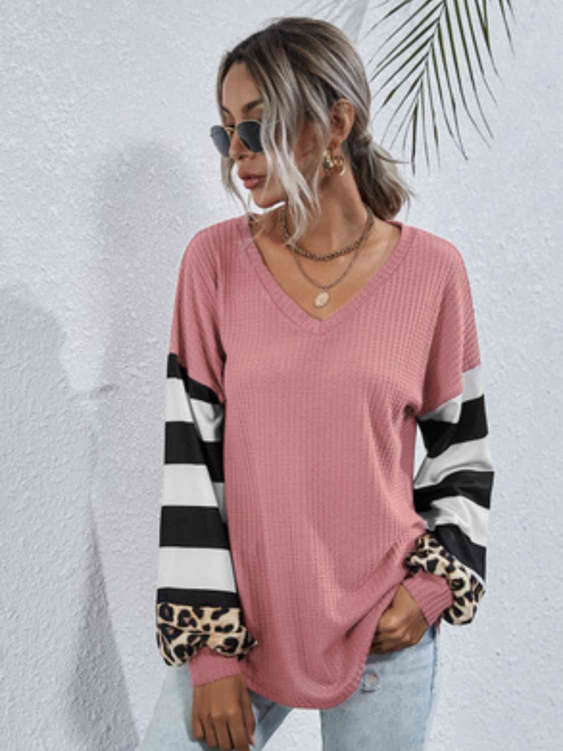 Leopard Striped Waffle-Knit Top - Trendsi - Flyclothing LLC