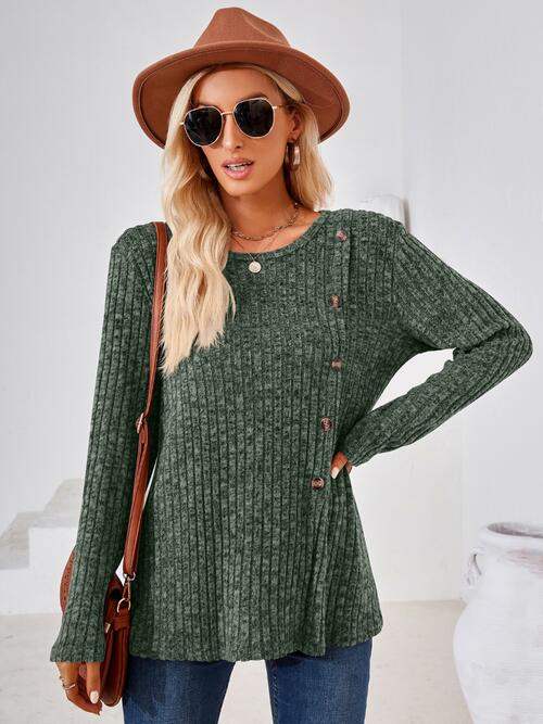 Ribbed Buttoned Round Neck Slit T-Shirt - Trendsi - Flyclothing LLC