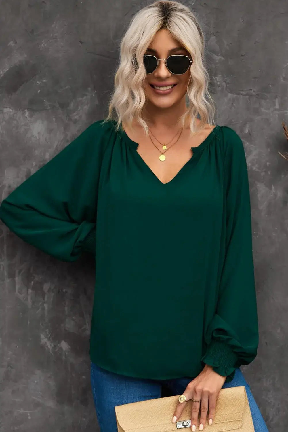 Notched Neck Lantern Sleeve Blouse - Trendsi - Flyclothing LLC