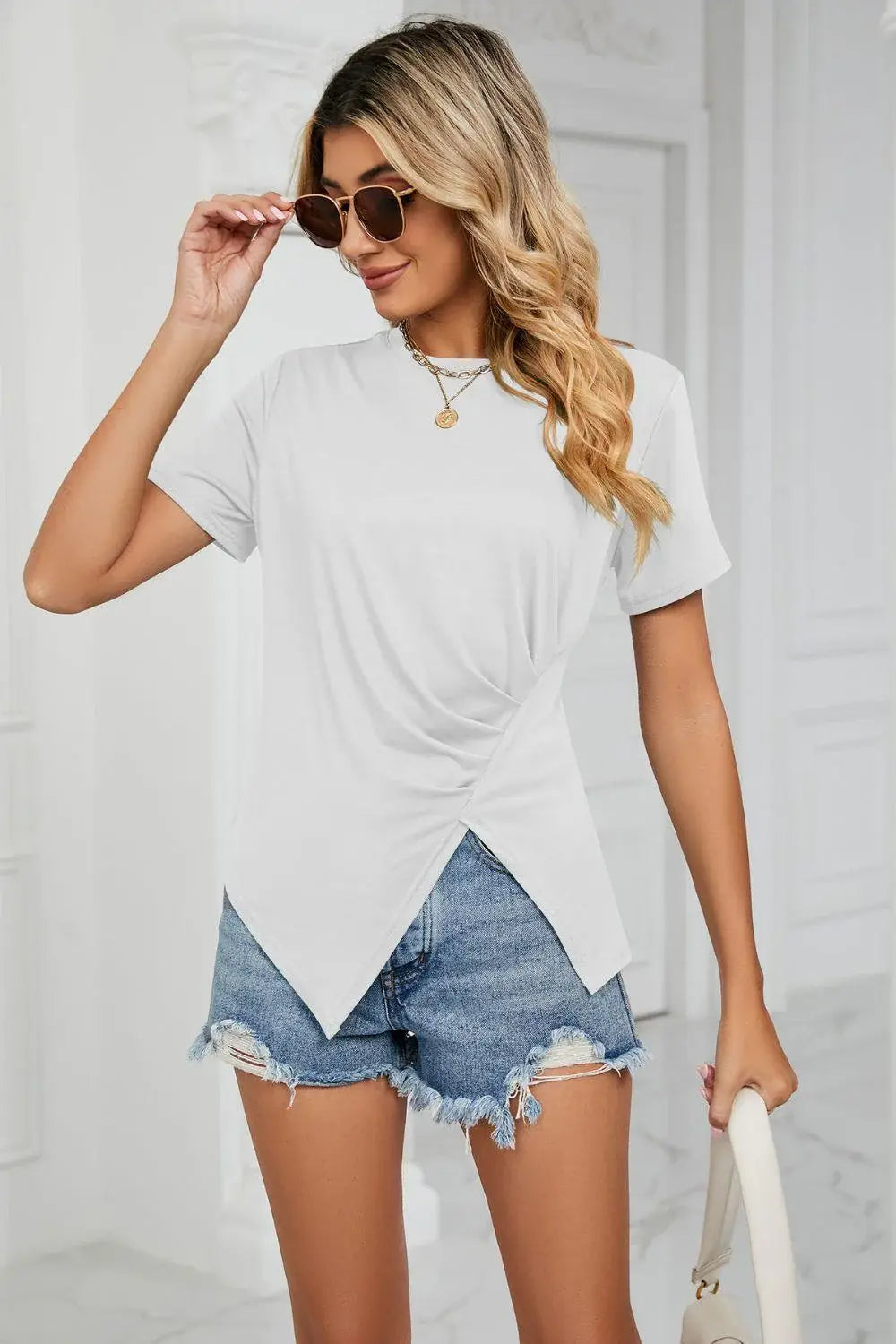 Ruched Hem Detail Crewneck Tee - Trendsi - Flyclothing LLC