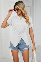 Ruched Hem Detail Crewneck Tee - Trendsi - Flyclothing LLC