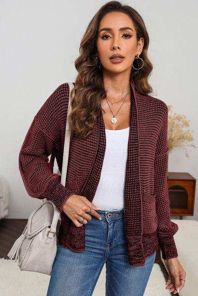 Waffle-knit Pocketed Open Front Cardigan - Trendsi - Flyclothing LLC