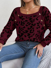 Leopard Buttoned Square Neck Sweater - Trendsi
