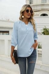 Swiss Dot Notched Neck Three-Quarter Sleeve Blouse - Trendsi - Flyclothing LLC