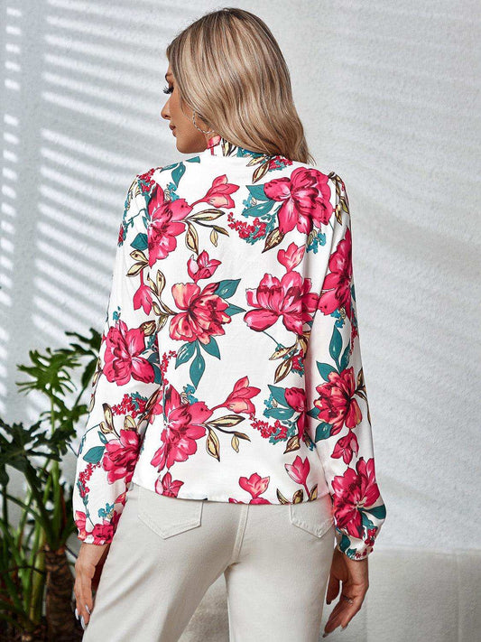 Printed Tie Neck Long Sleeve Blouse - Trendsi - Flyclothing LLC