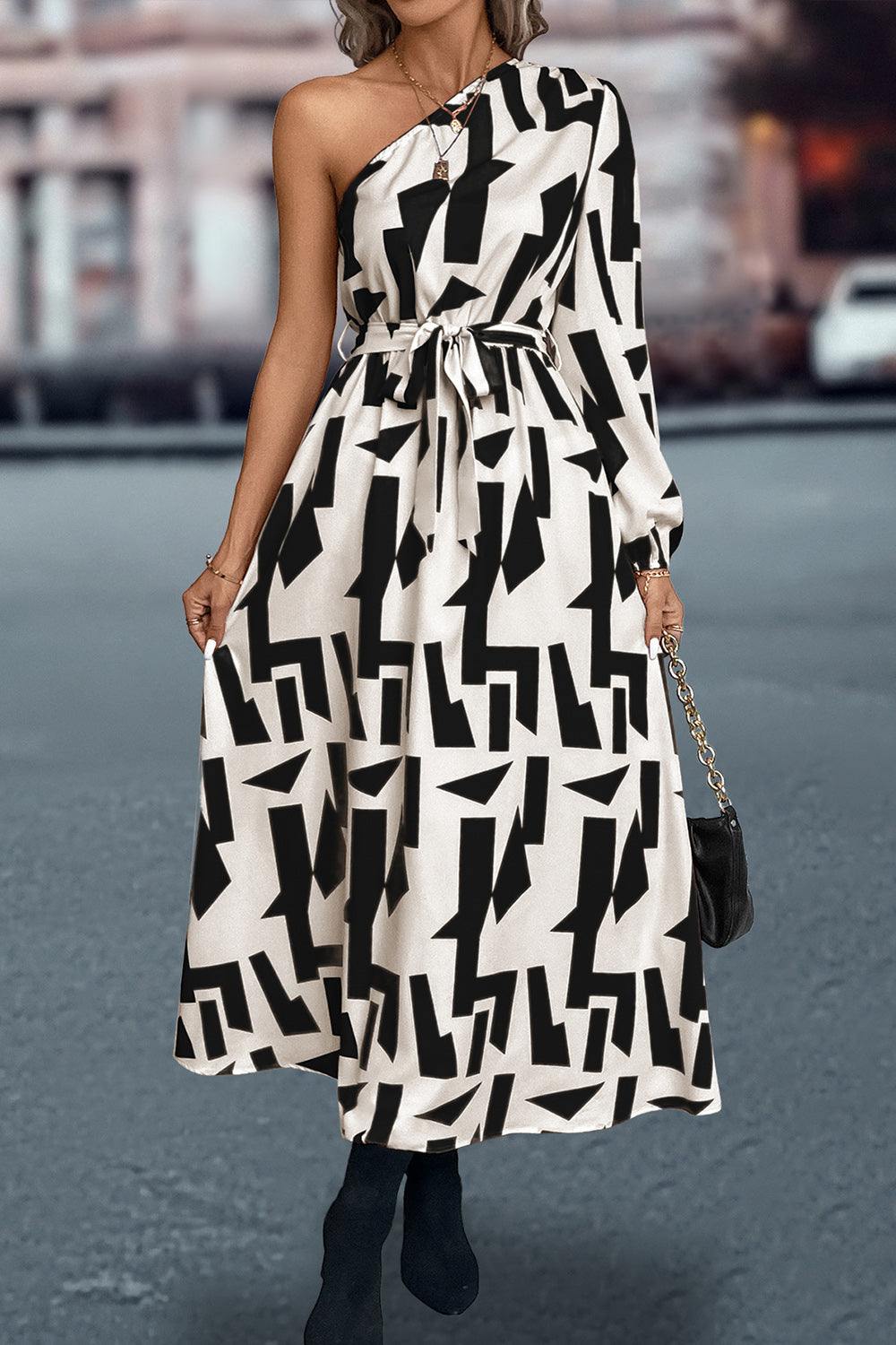 Printed One-Shoulder Tie Waist Dress - Trendsi