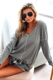 BiBi Contrast Stitching V-Neck Long Sleeve T-Shirt - Trendsi - Flyclothing LLC