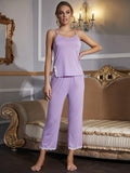 V-Neck Lace Trim Slit Cami and Pants Pajama Set - Flyclothing LLC