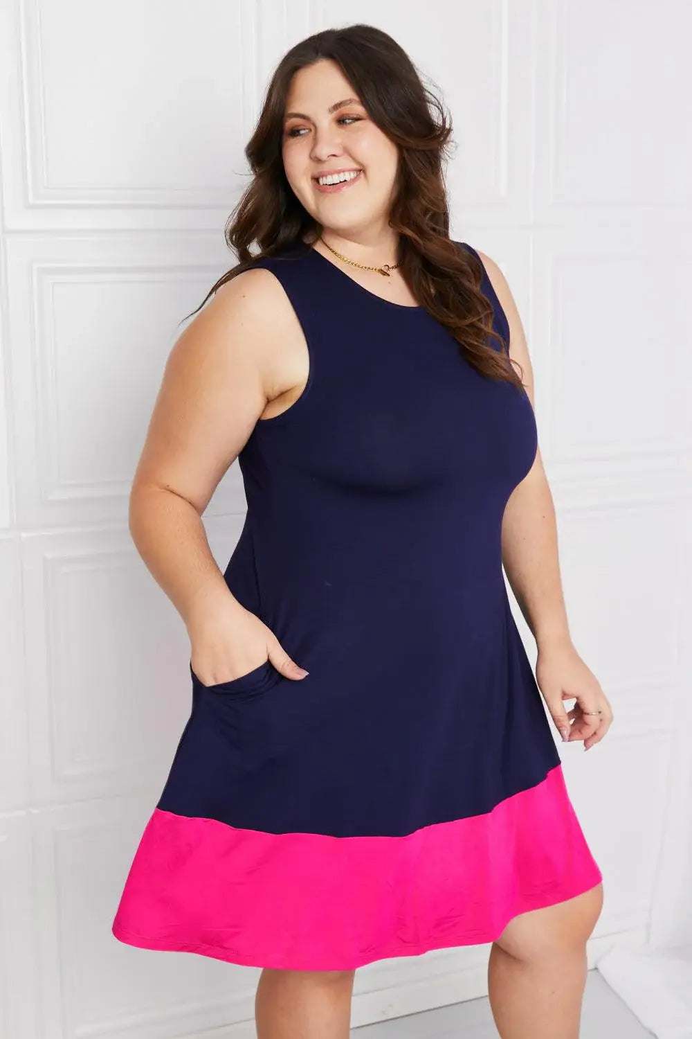 Yelete Full Size Two-Tone Sleeveless Mini Dress with Pockets - Trendsi - Flyclothing LLC