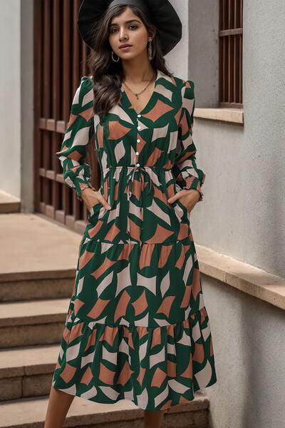Printed Tied Pocketed Lantern Sleeve Dress - Trendsi