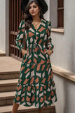 Printed Tied Pocketed Lantern Sleeve Dress - Trendsi