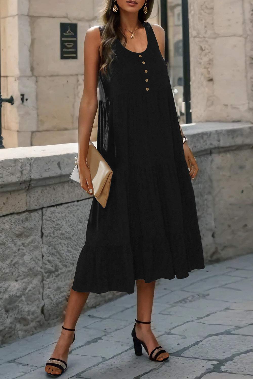 Decorative Button Tiered Tank Dress - Trendsi - Flyclothing LLC