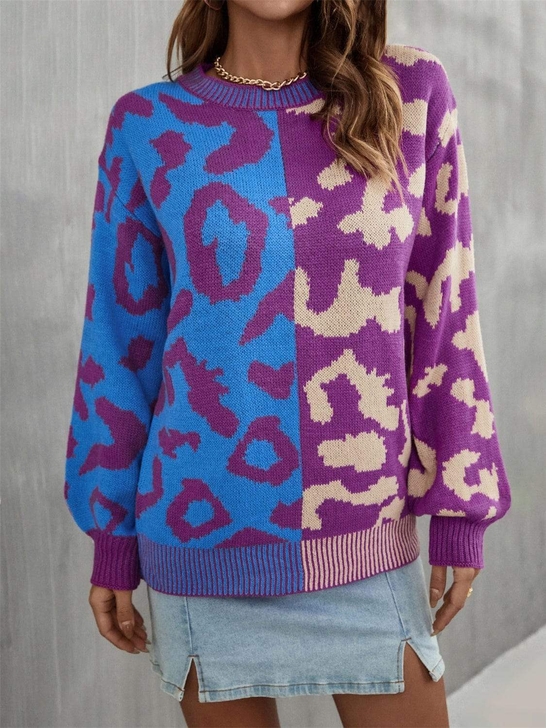 Leopard Round Neck Long Sleeve Sweater - Trendsi - Flyclothing LLC