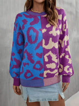 Leopard Round Neck Long Sleeve Sweater - Trendsi - Flyclothing LLC