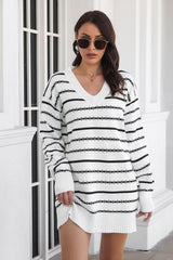 Striped V-Neck Sweater Dress - Trendsi