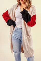 Color Block Rib-Knit Longline Cardigan with Front Pockets - Flyclothing LLC