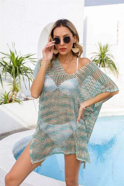 Openwork Slit V-Neck Cover Up - Trendsi - Flyclothing LLC