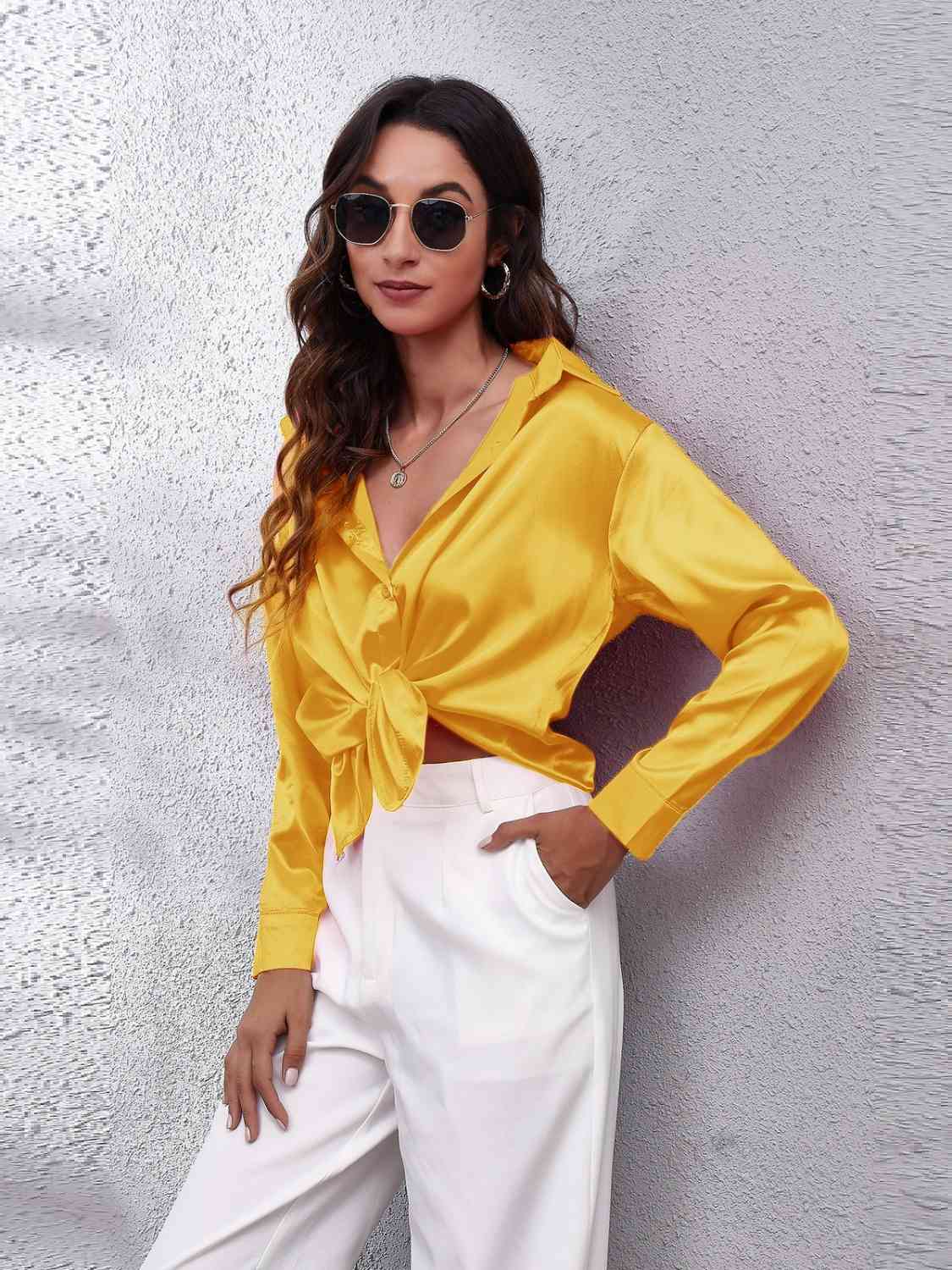 Collared Neck Buttoned Long Sleeve Shirt - Trendsi - Flyclothing LLC