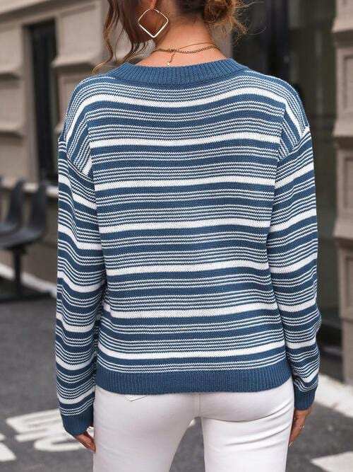 Striped Round Neck Long Sleeve Sweater - Trendsi - Flyclothing LLC