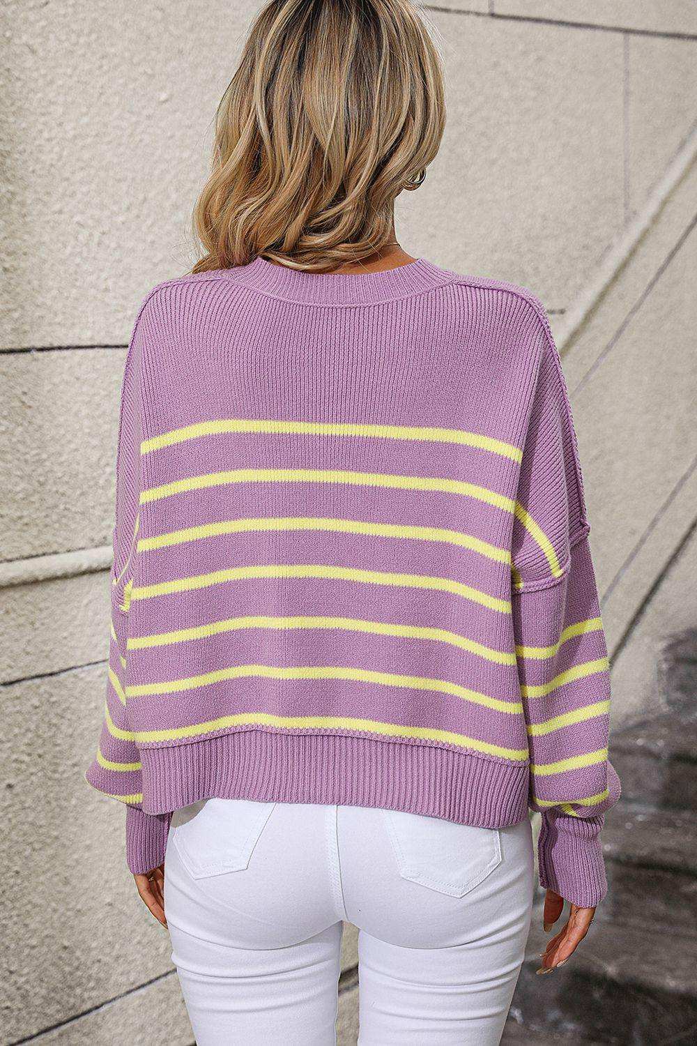 Striped Dropped Shoulder Round Neck Pullover Sweater - Trendsi - Flyclothing LLC