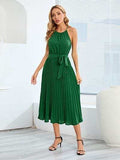Pleated Spaghetti Strap Tie Waist Midi Dress - Trendsi - Flyclothing LLC