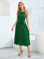 Pleated Spaghetti Strap Tie Waist Midi Dress - Trendsi