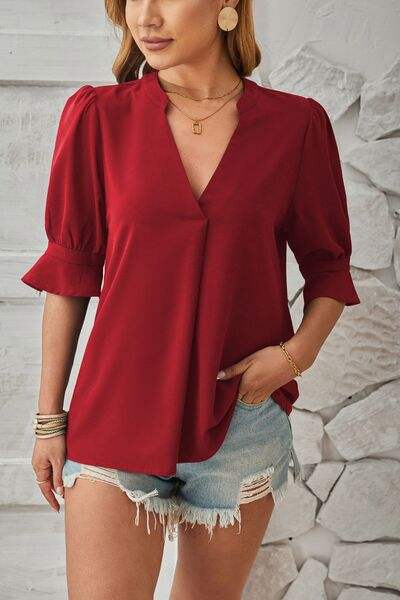 Notched Half Sleeve T-Shirt - Trendsi - Flyclothing LLC