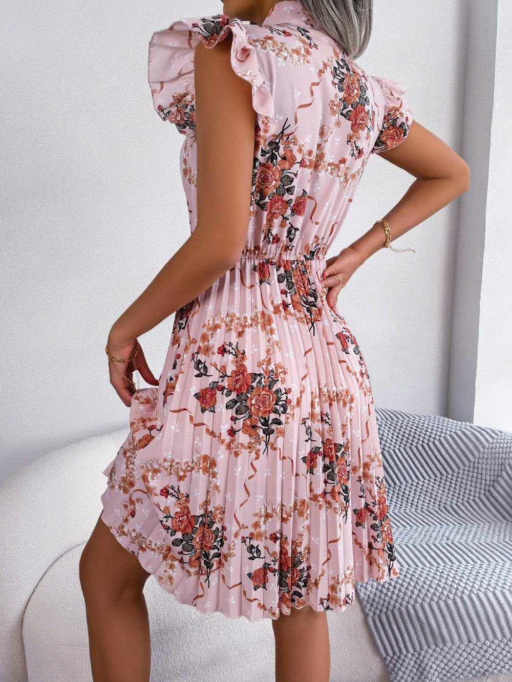 Pleated Floral Printed Tie Neck Knee Length Dress - Trendsi